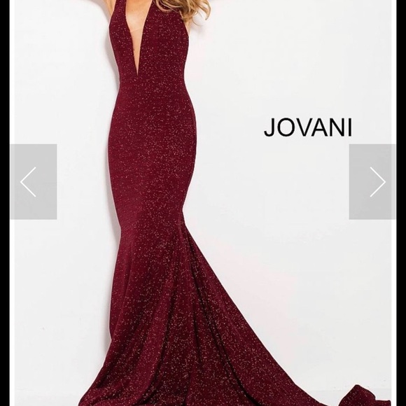 Jovani Burgundy V-Neck Halter Mermaid Style Dress - Picture 3 of 4